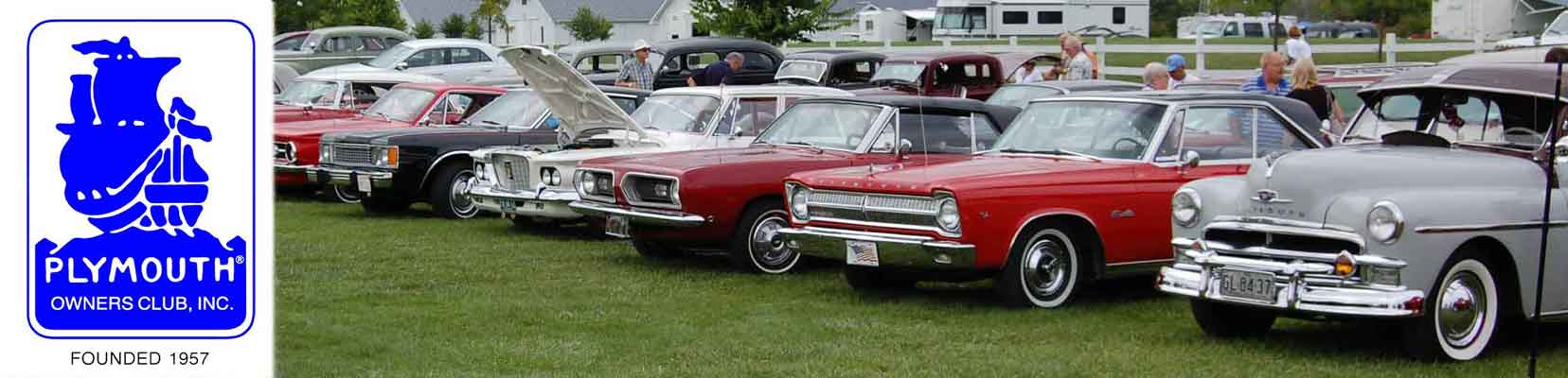 Plymouth Owners Club logo and a lineup of classic cars